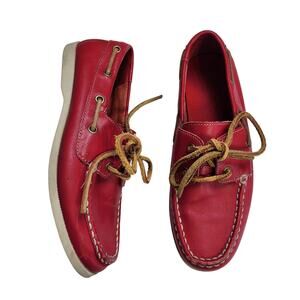 Lands End Boys Leather Boat Shoes Size 3 Red Leather Lace Up Loafers Preppy